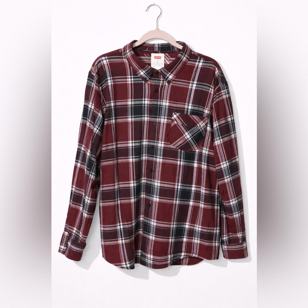 Levi's Men’s Burgundy and Black Plaid Casual Shirt XXL